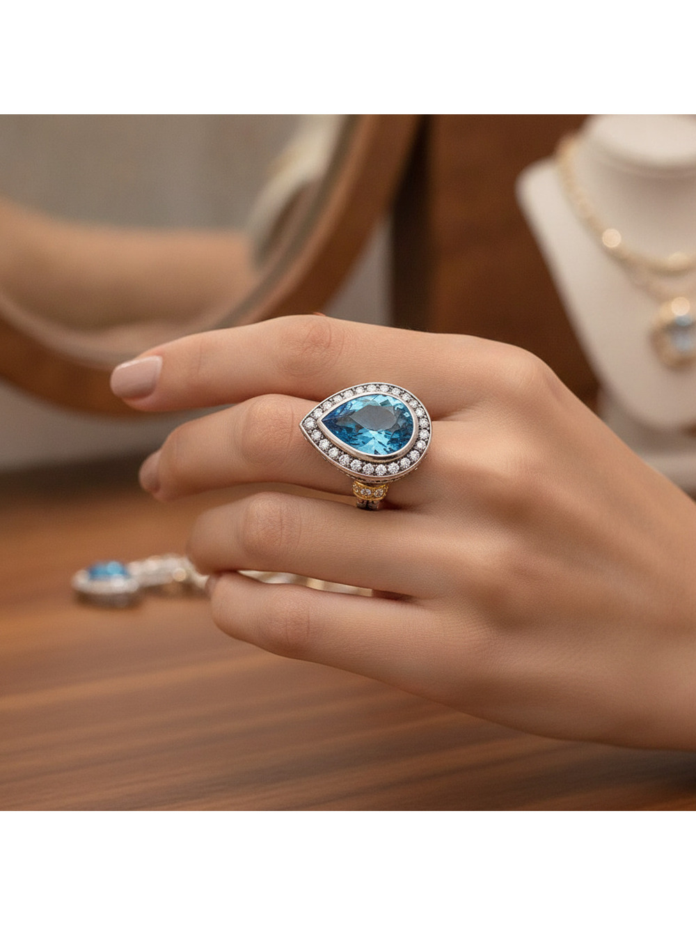 Philip Andre Sterling Silver Diamond & Pear Shape Blue Topaz designer ring sz 8